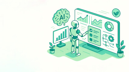 Artificial intelligence robot analyzing data on a large digital display screen