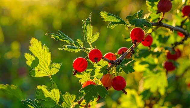 colorful fruits of gooseberry in the garden; green leaves with red berries