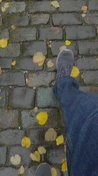 POV, men feets are dressed in jeans and boots walks along wet sidewalk with autumn leaves. Point of view of person's legs going in rain on damp granite paving slabs covered with fallen yellow foliage