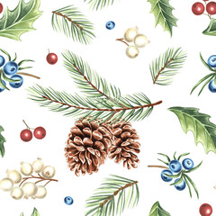 Watercolor pine branches with cones and berries seamless pattern for Christmas design. Hand-drawn illustration spruce twigs for winter holiday decor. Conifer plant natural background for textile, card