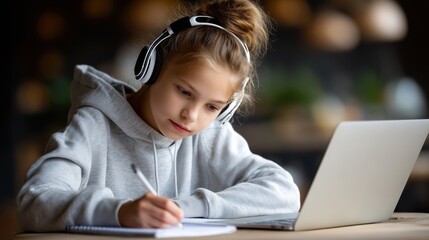 Focused Young Girl Wearing Headphones, Engaged in Study and Note-Taking at a Cozy Desk with a Laptop Open in a Modern Learning Environment
