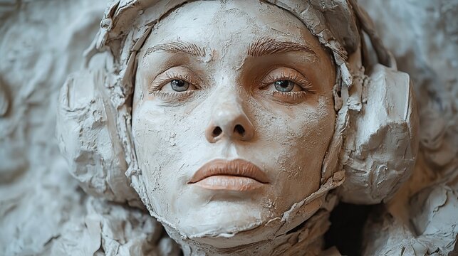 Clay covered face with helmet in sculptural close up eyes open amid rough texture a visceral portrait of identity and transformation blending human presence with raw material in stark surreal stillnes