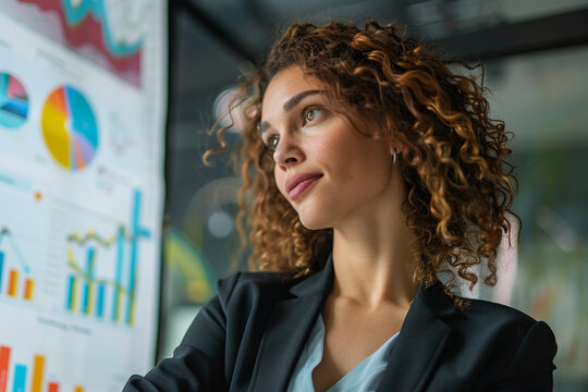 Focused businesswoman with curly hair examines a large digital screen displaying colorful charts and graphs representing data analysis and business strategy