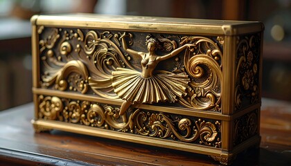 Ornate golden box with a ballerina sculpted in relief