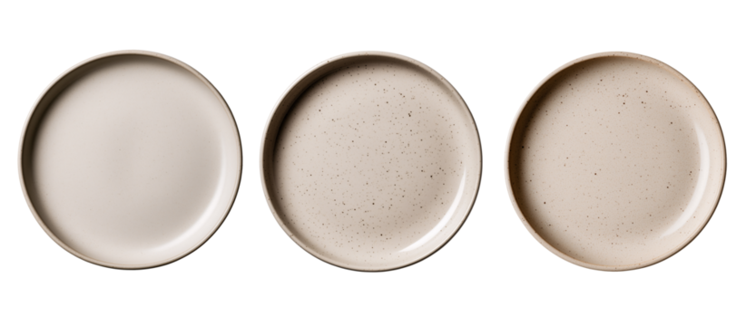 set of colorful white, circle round empty white plate isolated on transparent background	