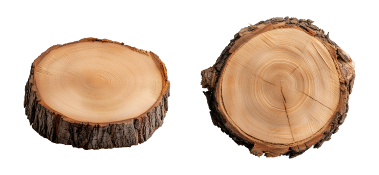 cross section of tree trunk, top view of a thick tree slice trunk with irregular edges and visible knots isolated on a transparent background	 - Powered by Adobe