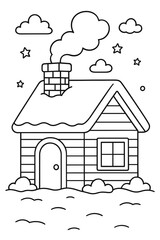 Simple coloring page of a house with chimney and snow background  