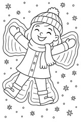 Girl making a snow angel while smiling in winter scene concept of coloring pages  