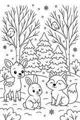 Cute forest animals coloring page with deer, rabbit, and fox  
