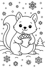 Cute squirrel holding an acorn in the snow with falling snowflakes  for coloring  