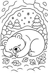 Bear cub hibernating in a den surrounded by winter landscape - Concept of coloring pages  