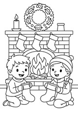 Children smiling while sitting by the fireplace with stockings for gifts  for coloring  