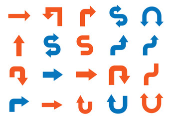 Collection of various arrows in blue and orange for design elements and creative projects and presentations