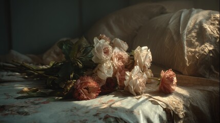 Vintage Keepsake of Faded Memories with Soft Roses on Bed