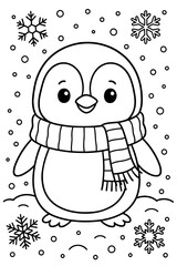 Cute penguin wearing a striped scarf with snowflakes in background  for coloring  