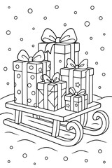 Sled carrying colorful gift boxes with bows in winter setting - Concept of children's coloring  