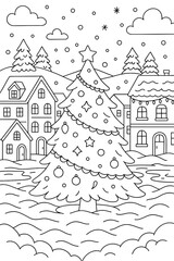 Christmas tree in winter village drawing for kids' coloring pages  