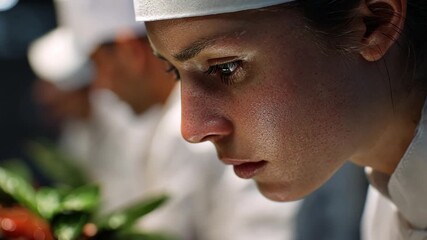 Culinary Focus: A dedicated chef intently focuses on her craft, embodying expertise and precision in the culinary arts.  