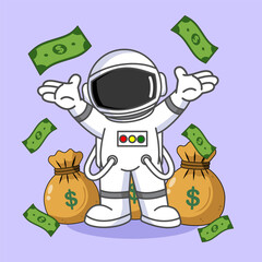 Cute Astronaut Pose with Money Sack Vector Illustration Cartoon Design