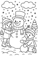 Children creating a snowman while playing in winter landscape - Concept of coloring pages  