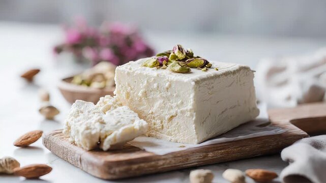 Creamy pistachio delight: slicing gourmet halva for elegant dessert presentation