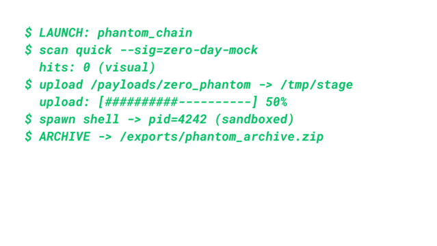 Mockup Hacker Terminal Screen with Cyber Attack Simulation terminal command. - Green Text no background