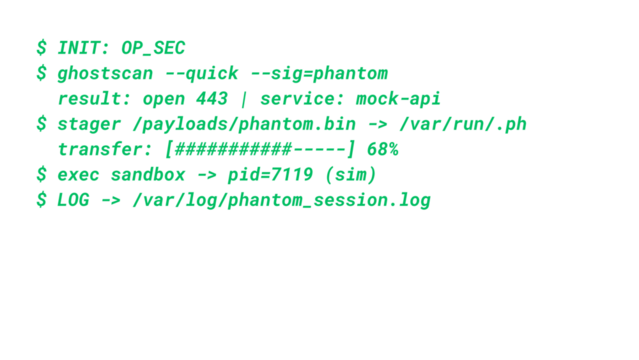 Mockup Hacker Terminal Screen with Cyber Attack Simulation terminal command. - Green Text no background