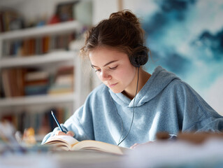 A focused young woman studies intently, wearing headphones and writing in a book. Captures learning, education, focus, and student life in a natural, authentic style.