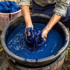 Person dyeing fabric in blue vat, hands covered in dye