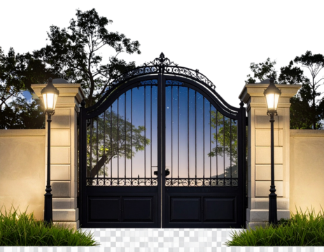 Angled Side Perspective of Decorative Gate with Curved Lampposts and Overhanging Trees, isolated
