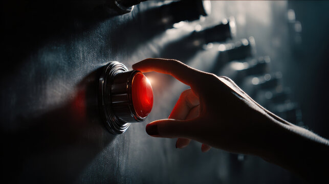 Finger activating a red button on a digital touch screen for data protection. A finger presses a red button, symbolizing digital security and data protection, with a dark, futuristic aesthetic.