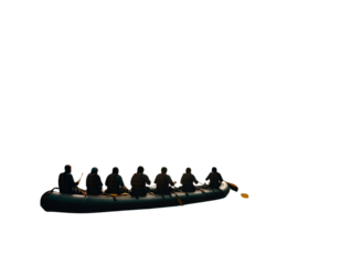 Side View of Rafting Silhouettes on River with Mountain Backdrop and Trees, isolated