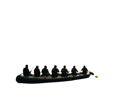 Side View of Rafting Silhouettes on River with Mountain Backdrop and Trees, isolated