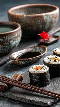 Sushi Delight: A visual feast of meticulously crafted sushi rolls and traditional accoutrements. showcasing Japanese culinary art