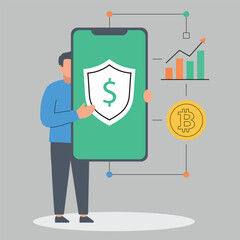 Abstract Character Holding Smartphone with Dollar Shield and Chart Representing Secure Financial Technology and Investment