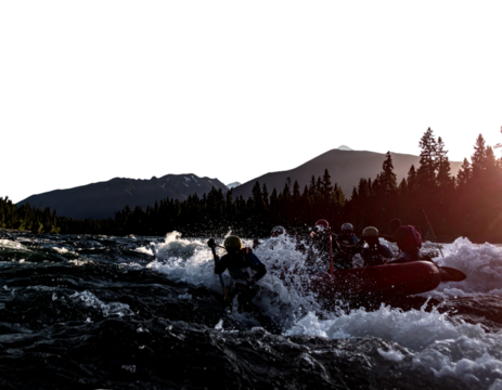 Angled Perspective of Rafting Crew Navigating Rapids with Trees and Peaks, isolated