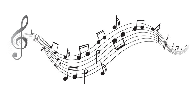Wavy musical melody with floating notes on staff lines. Elegant music score illustration for banners, posters, greeting cards, background