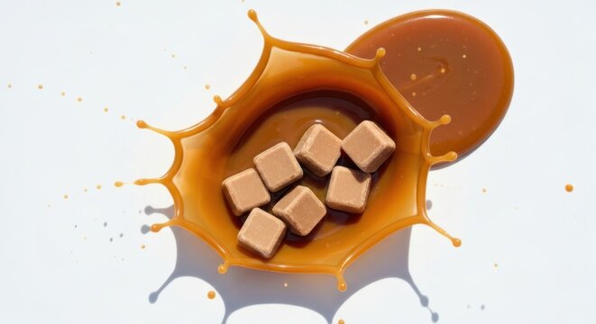 Square caramel candies surrounded by a splash of golden liquid - Powered by Adobe
