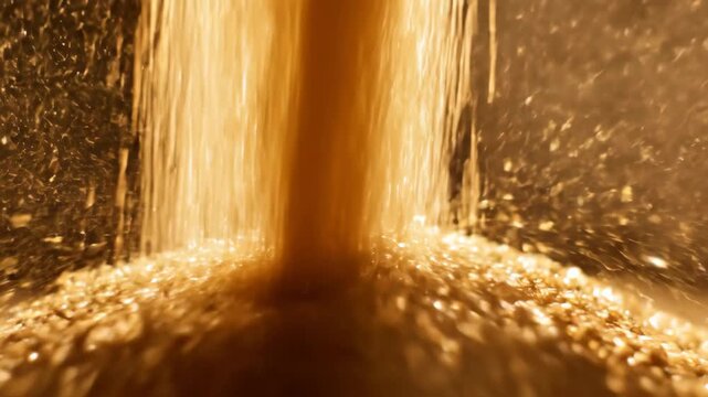 Golden hourglass sand flowing time passage close up detail