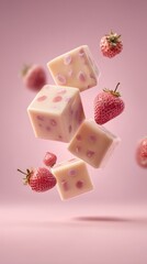 Elegant Floating Composition of Strawberries and Cube Shapes