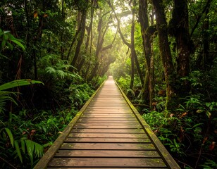 Obraz premium Wooden path through lush rainforest. Sunlight filters through trees