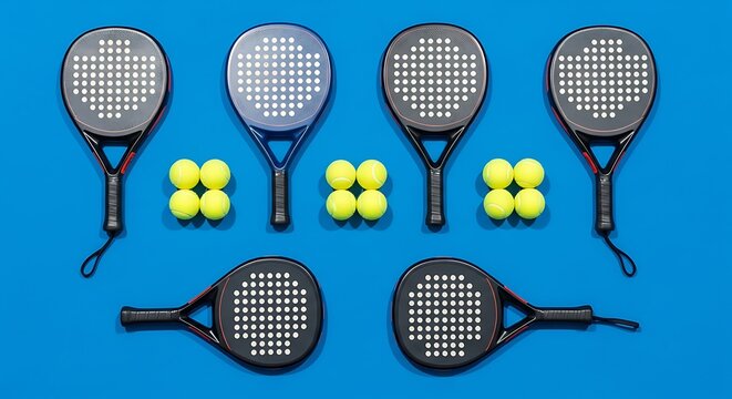Padel Rackets and Balls Arranged on a Blue Surface, Flat Lay Composition
