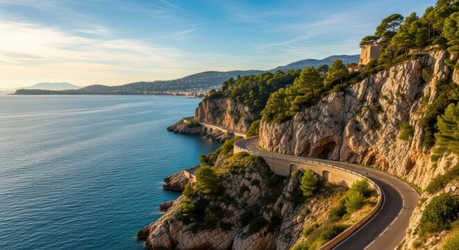 Coastal road winding along cliffside with blue ocean and greenery