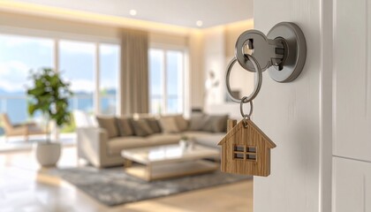 Home ownership depicted with key and house-shaped tag in a modern, sunlit interior