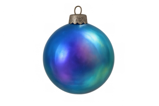 Shiny blue and purple iridescent christmas ornament, glowing with holiday spirit and festive decorations. Isolated on transparent background
