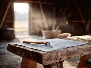 Architectural blueprints lie on a weathered workbench in a rustic barn. Sunlight streams through the doorway, illuminating plans, tools and evoking craftsmanship.