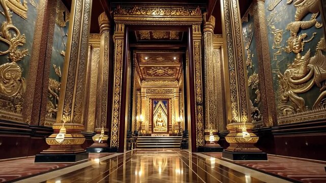 Grand Palace Interior: An opulent interior of a majestic palace, with intricate golden embellishments and pillars that exude luxury. This scene showcases the intricate beauty of cultural heritage. 