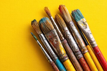 Fototapeta premium Vibrant collection of paintbrushes displayed on a bright yellow background, showcasing their diverse colors and textures in an artistic arrangement