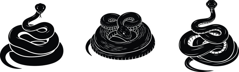 Coiled snake silhouettes and detailed venomous serpent illustration dangerous reptile wildlife nature vector design cobra viper collection artwork