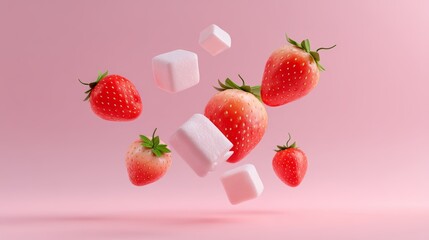 Fresh Photorealistic Render of Strawberries and Sugar Cubes
